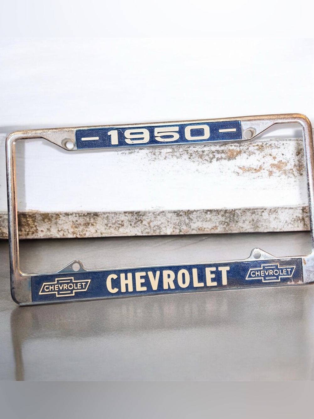 Vintage 1950 Chevrolet metal license plate frame blue /silver classic auto